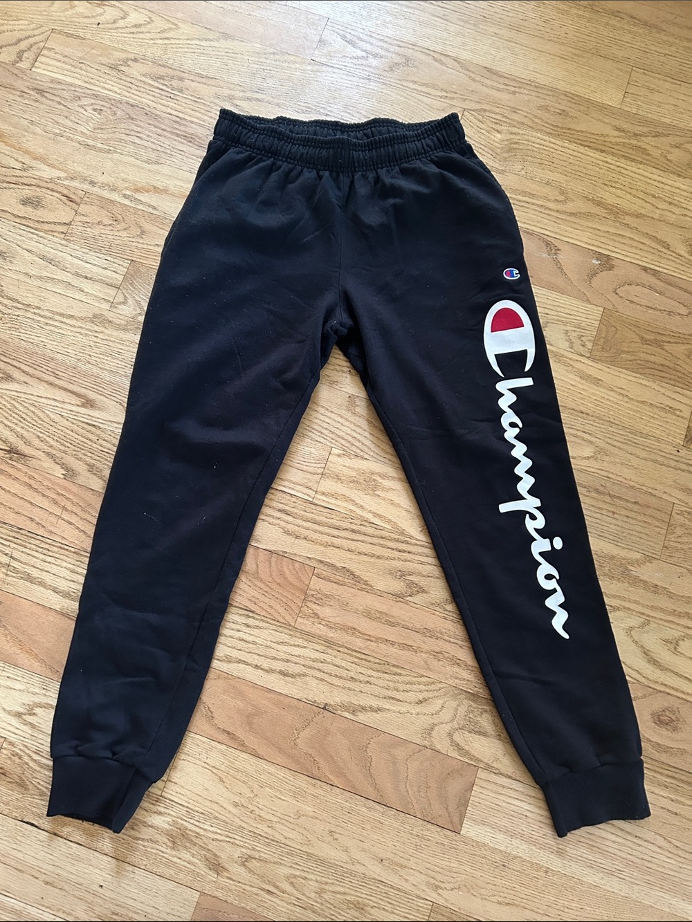 Men’s Champion Black Joggers with White Script and Red Accent